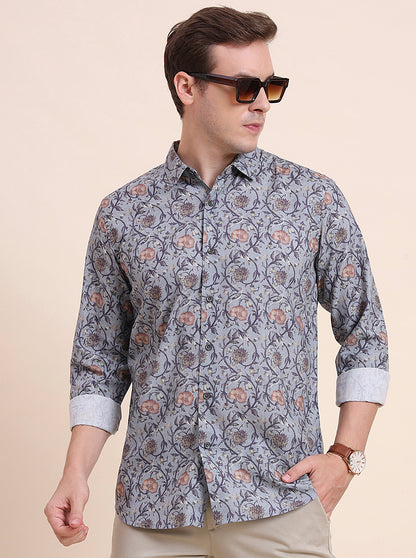 Grey Printed Slim Fit Casual Shirt | JadeBlue