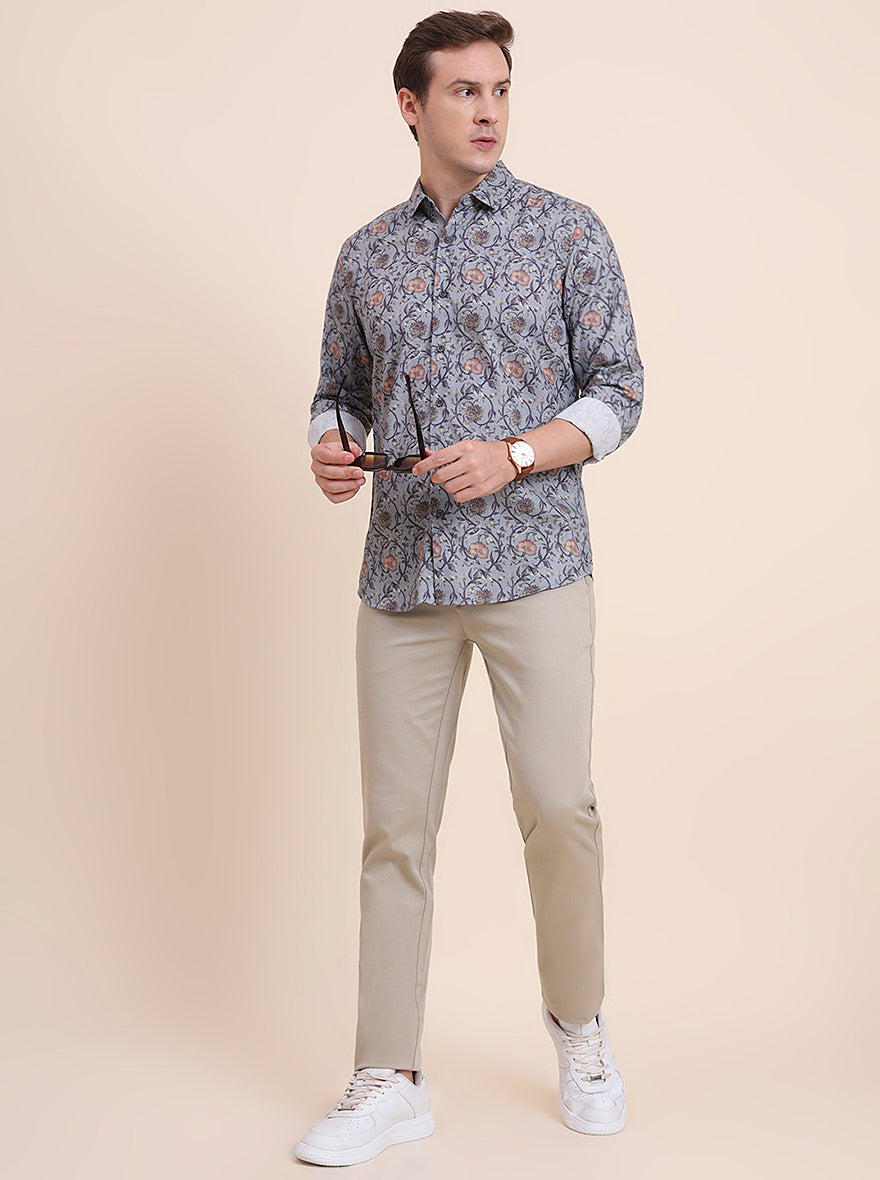Grey Printed Slim Fit Casual Shirt | JadeBlue