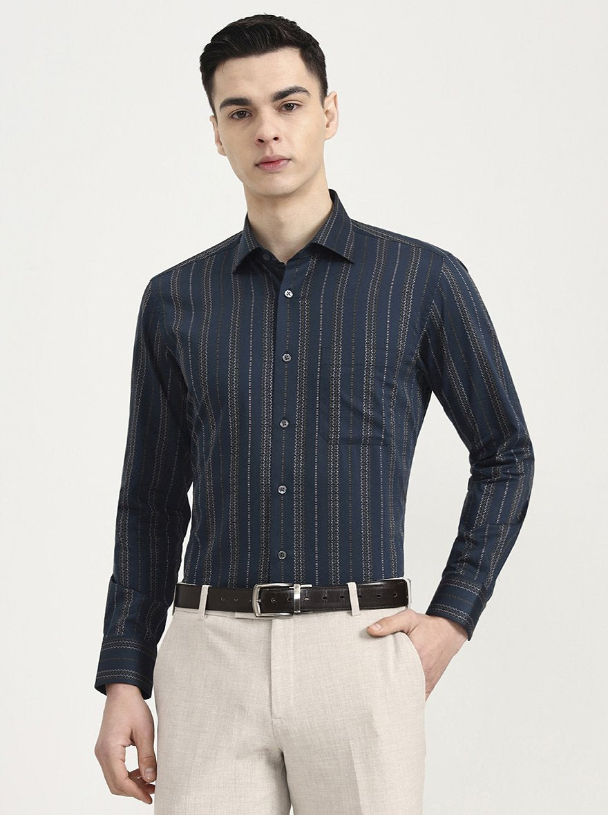 Green Striped Slim Fit Formal Shirt | JadeBlue Super Luxe
