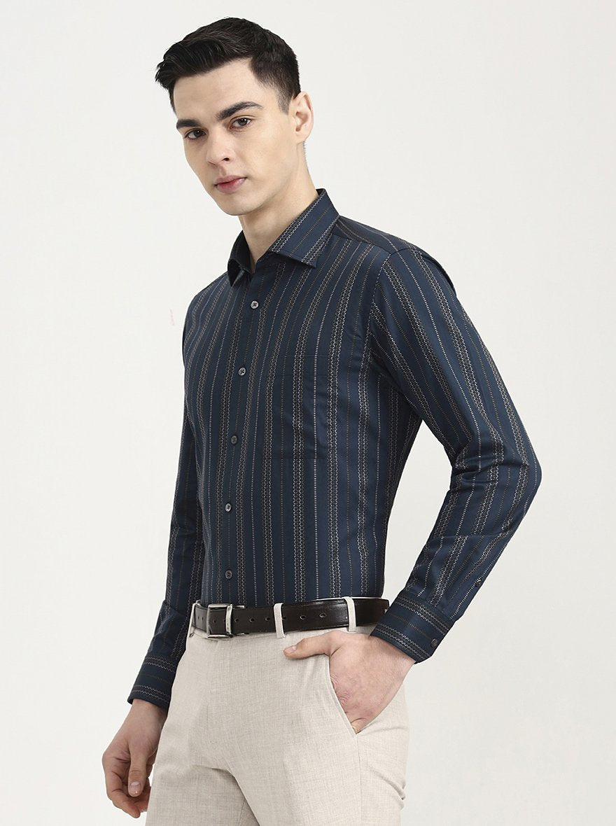 Green Striped Slim Fit Formal Shirt | JadeBlue Super Luxe