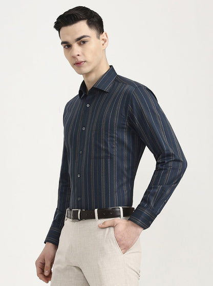 Green Striped Slim Fit Formal Shirt | JadeBlue Super Luxe