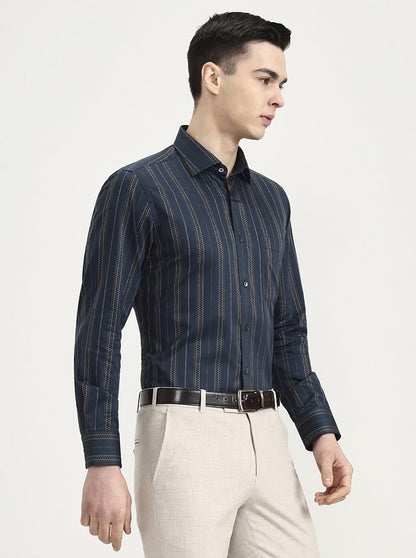 Green Striped Slim Fit Formal Shirt | JadeBlue Super Luxe
