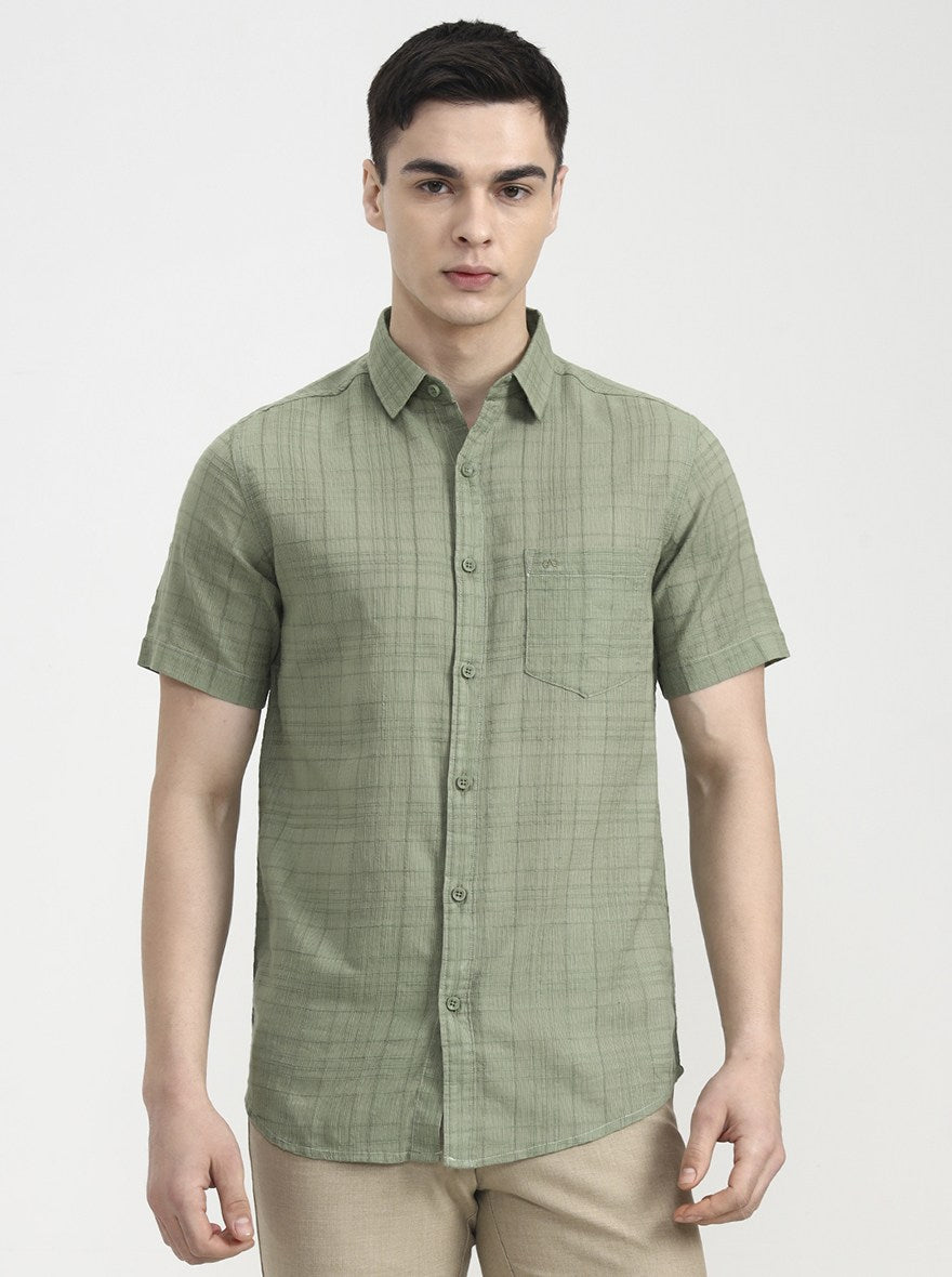Green Checked Slim Fit Casual Shirt | JadeBlue