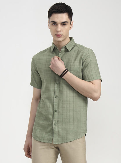 Green Checked Slim Fit Casual Shirt | JadeBlue