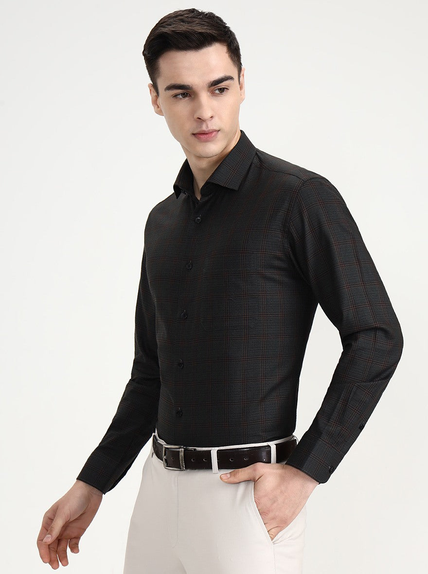 Dark Green Checked Slim Fit Formal Shirt | Metal