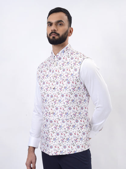 Cream Printed Regular Fit Bandhgala Jacket | Greenfibre