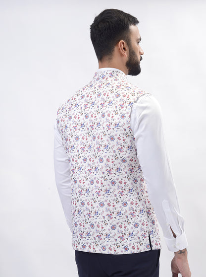 Cream Printed Regular Fit Bandhgala Jacket | Greenfibre