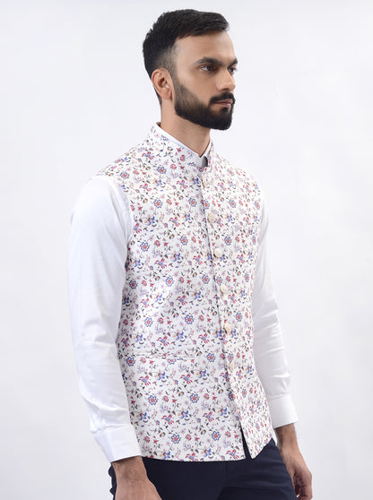 Cream Printed Regular Fit Bandhgala Jacket | Greenfibre