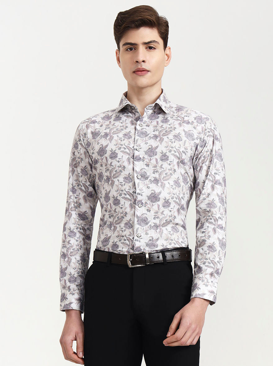Cream & Grey Printed Slim Fit Party Wear Shirt | Wyre