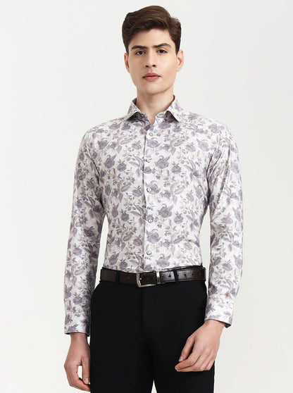 Cream & Grey Printed Slim Fit Party Wear Shirt | Wyre
