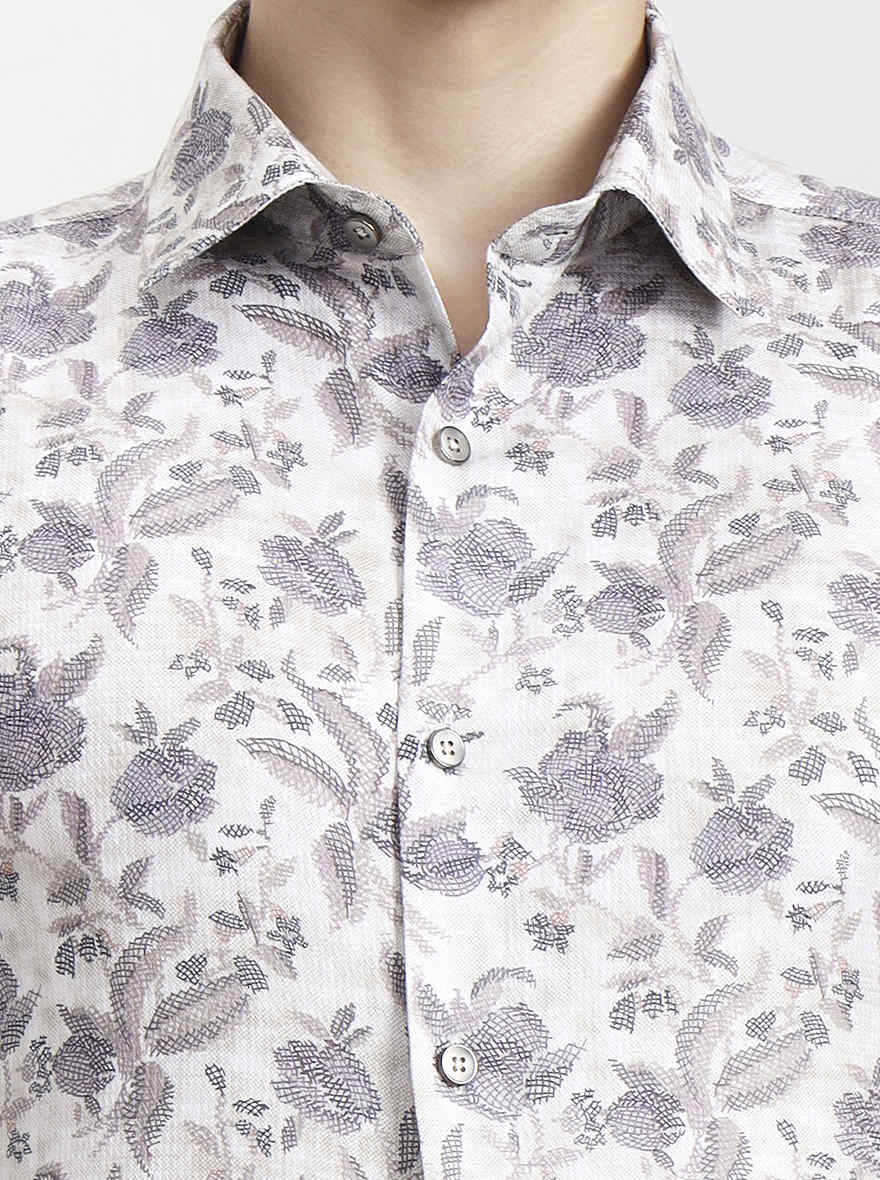 Cream & Grey Printed Slim Fit Party Wear Shirt | Wyre