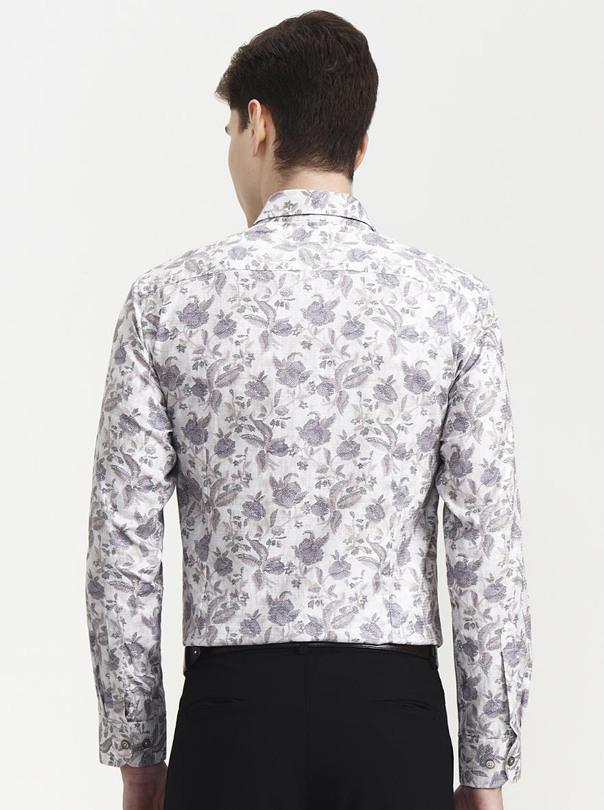 Cream & Grey Printed Slim Fit Party Wear Shirt | Wyre