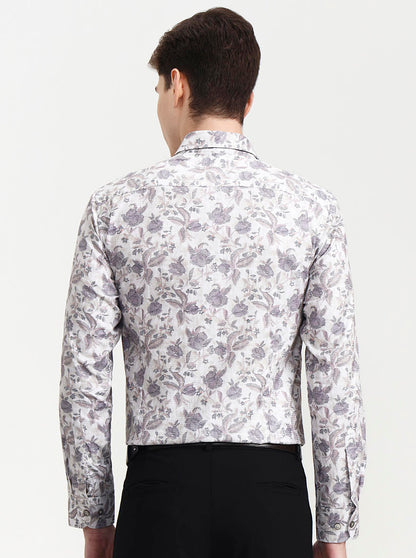 Cream & Grey Printed Slim Fit Party Wear Shirt | Wyre