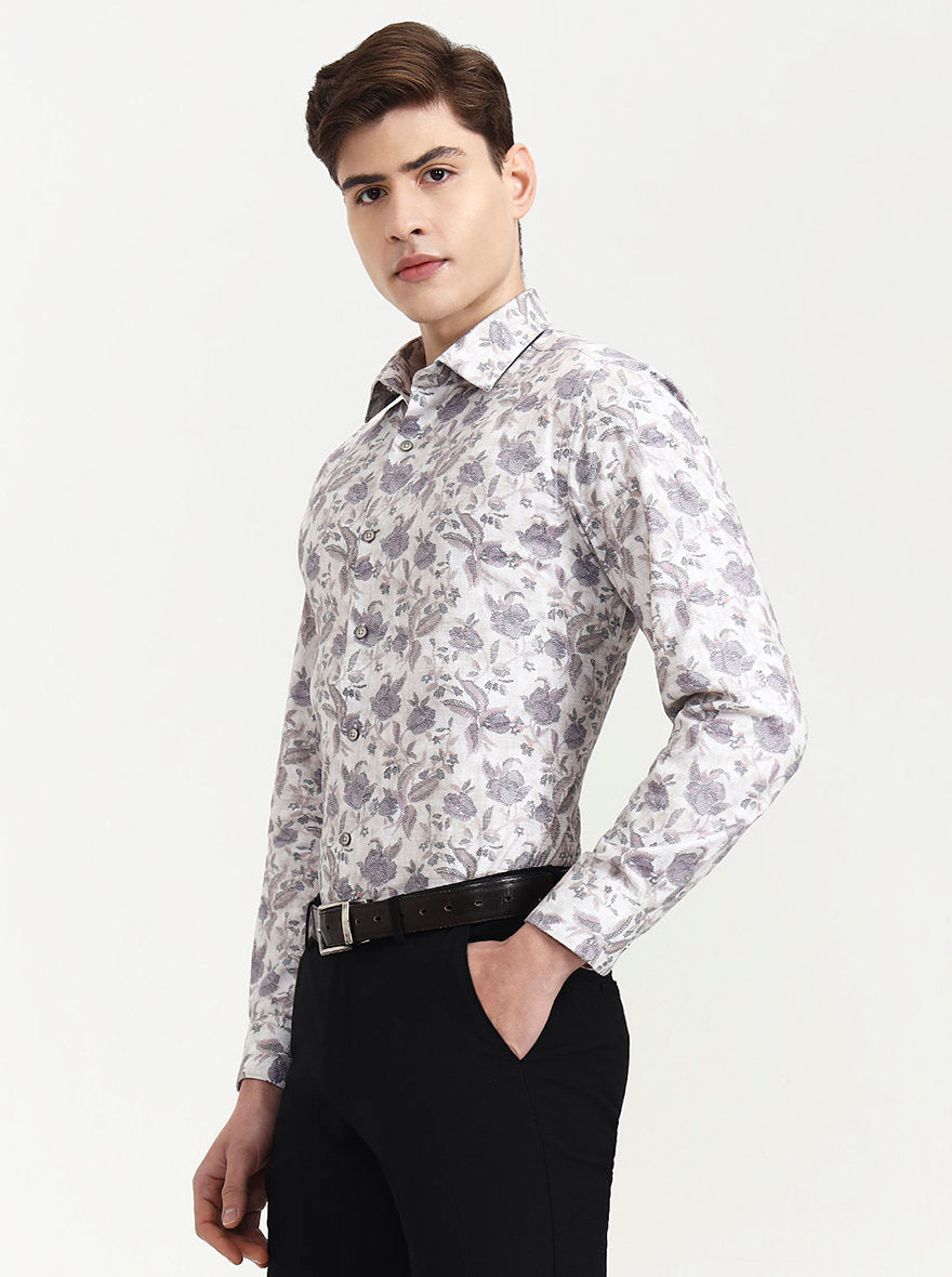 Cream & Grey Printed Slim Fit Party Wear Shirt | Wyre