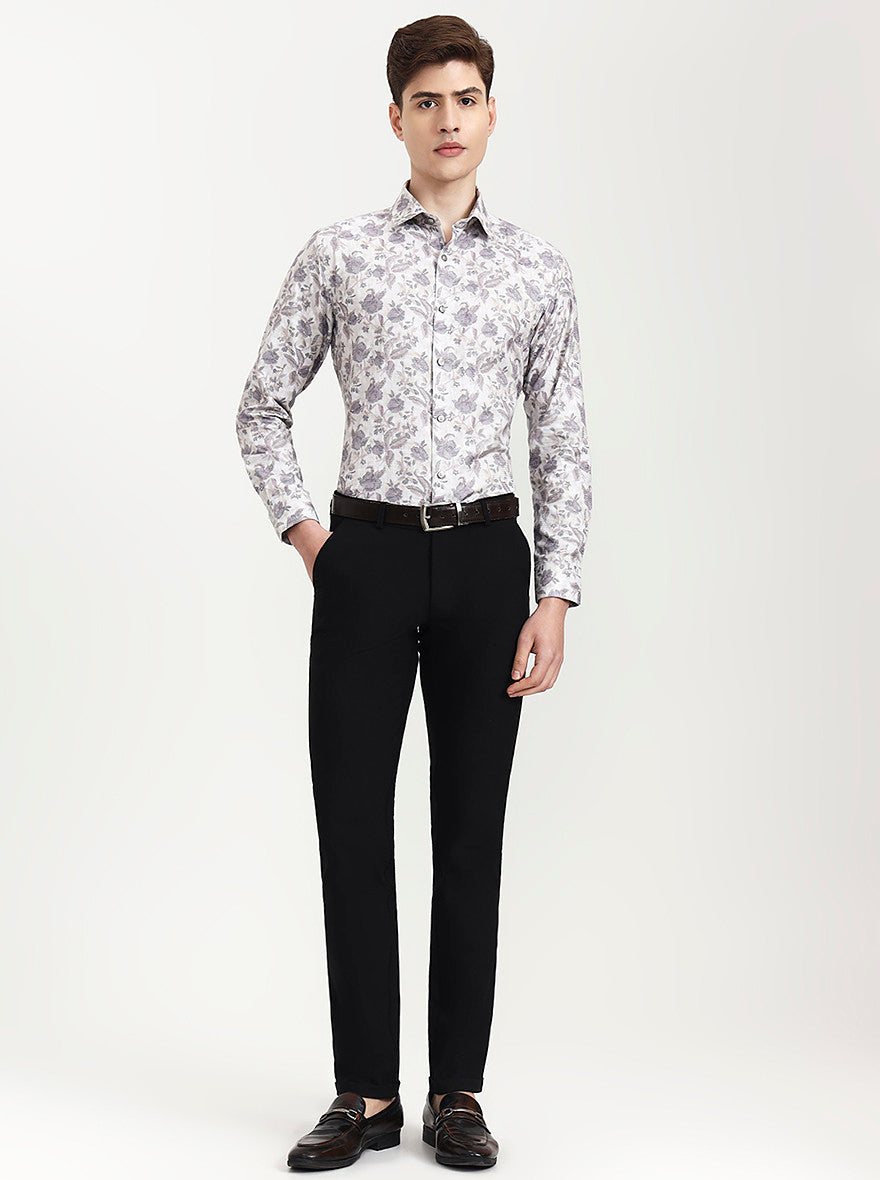 Cream & Grey Printed Slim Fit Party Wear Shirt | Wyre