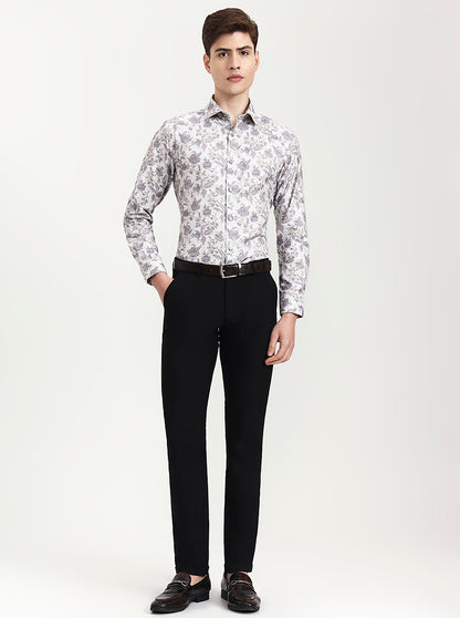Cream & Grey Printed Slim Fit Party Wear Shirt | Wyre