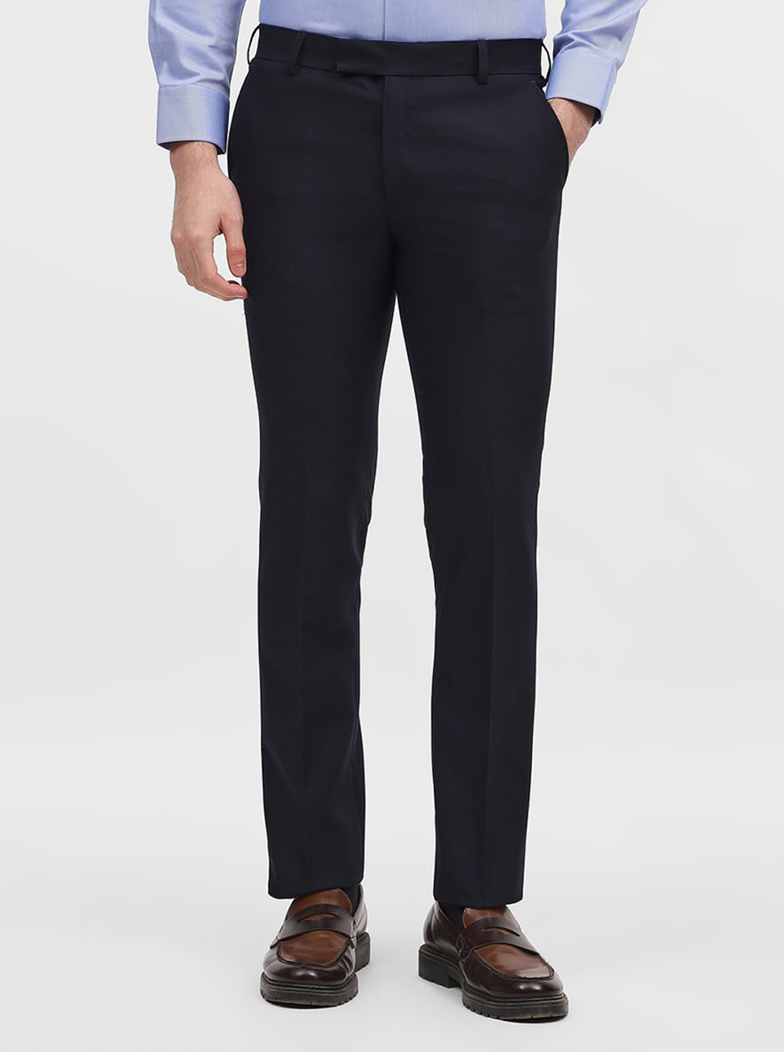 Navy Blue Solid Slim Fit Formal Trouser | Metal