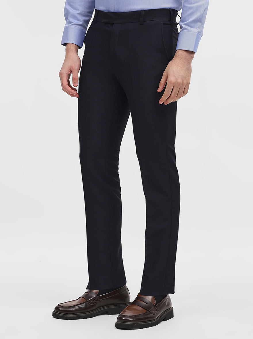 Navy Blue Solid Slim Fit Formal Trouser | Metal