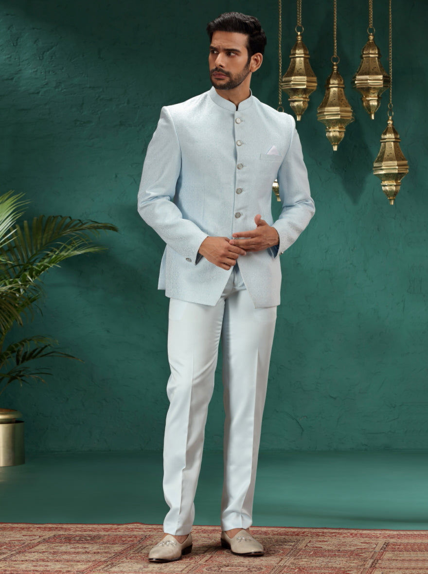 Sky Blue Self Design Jodhpuri Suit | JadeBlue