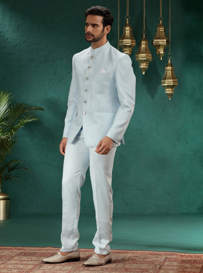 Sky Blue Self Design Jodhpuri Suit | JadeBlue