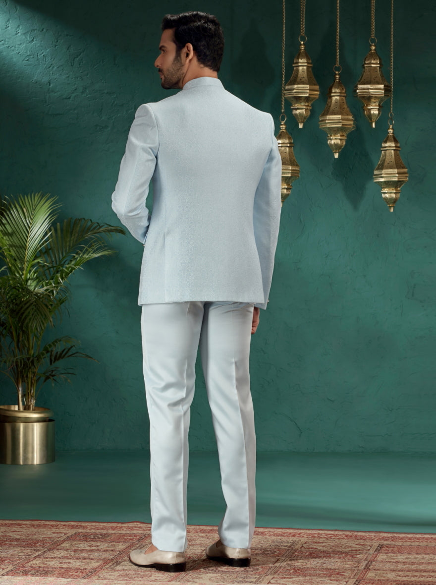 Sky Blue Self Design Jodhpuri Suit | JadeBlue