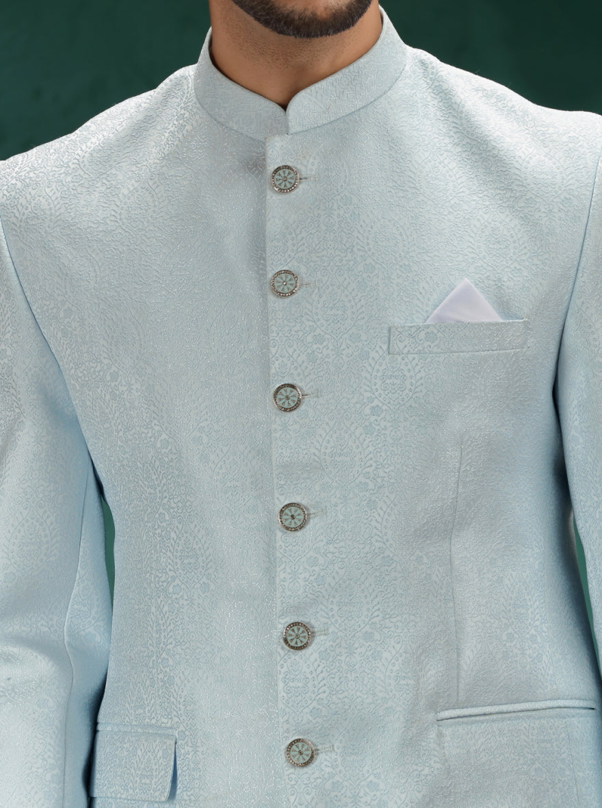 Sky Blue Self Design Jodhpuri Suit | JadeBlue