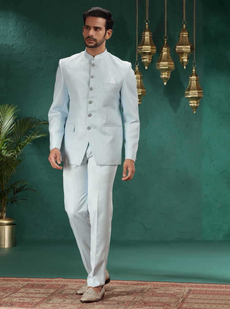 Sky Blue Self Design Jodhpuri Suit | JadeBlue