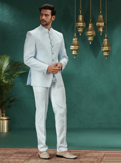 Sky Blue Self Design Jodhpuri Suit | JadeBlue