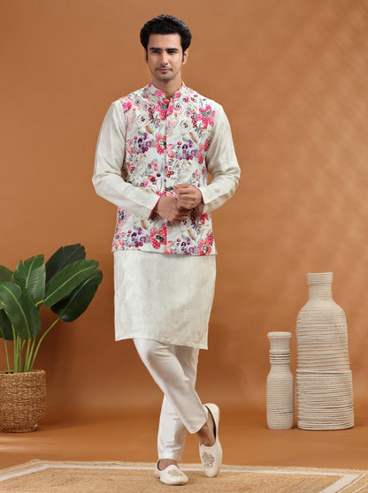 Cream Embroidered Kurta Pajama with Koti | TULA
