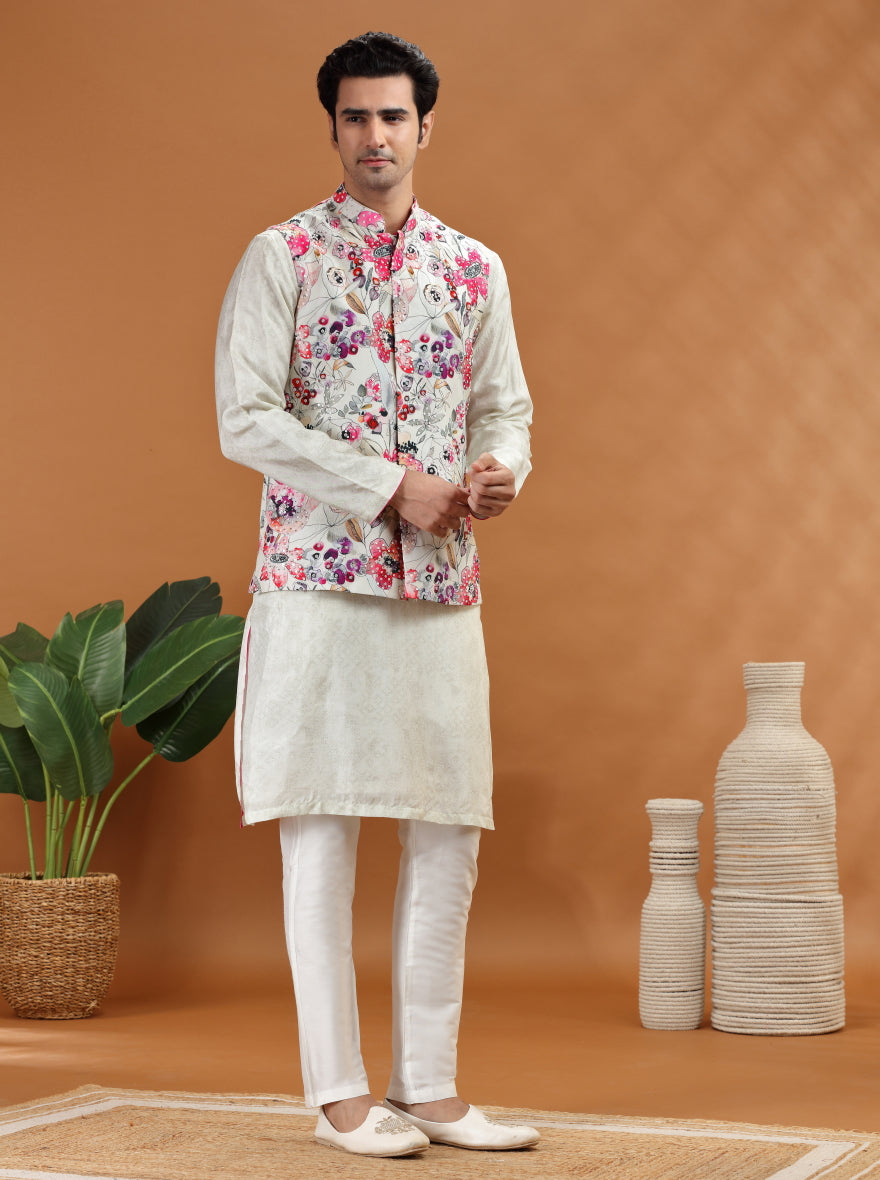 Cream Embroidered Kurta Pajama with Koti | TULA