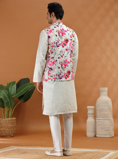 Cream Embroidered Kurta Pajama with Koti | TULA