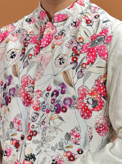 Cream Embroidered Kurta Pajama with Koti | TULA