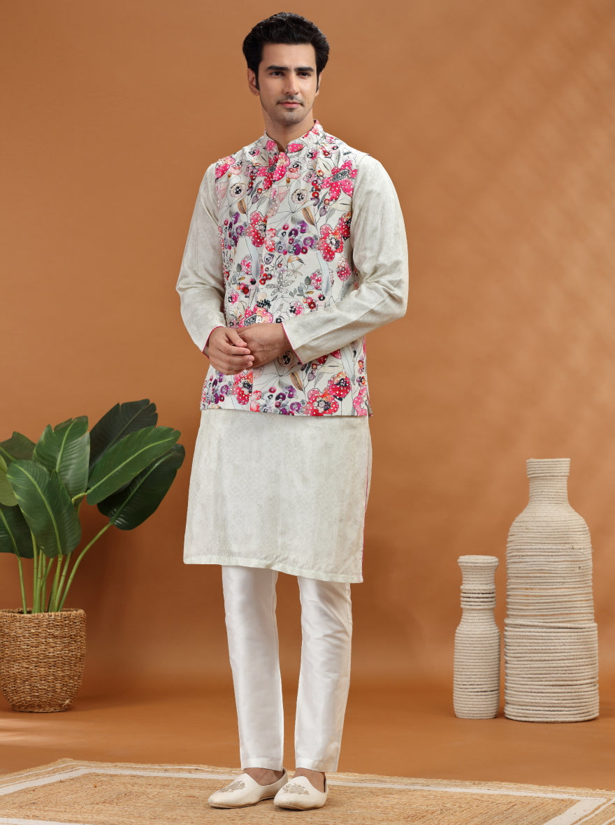 Cream Embroidered Kurta Pajama with Koti | TULA