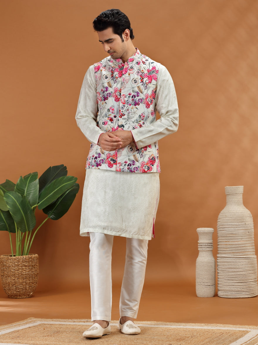 Cream Embroidered Kurta Pajama with Koti | TULA