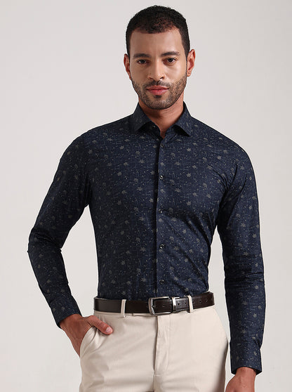 Navy Blue Printed Slim Fit Party Wear Shirt | Wyre
