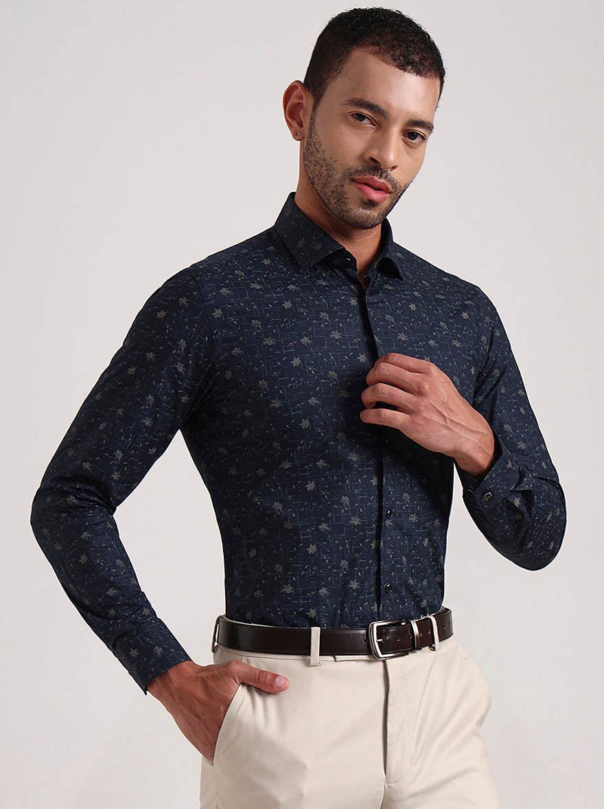 Navy Blue Printed Slim Fit Party Wear Shirt | Wyre