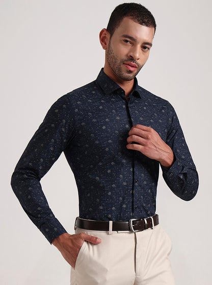 Navy Blue Printed Slim Fit Party Wear Shirt | Wyre