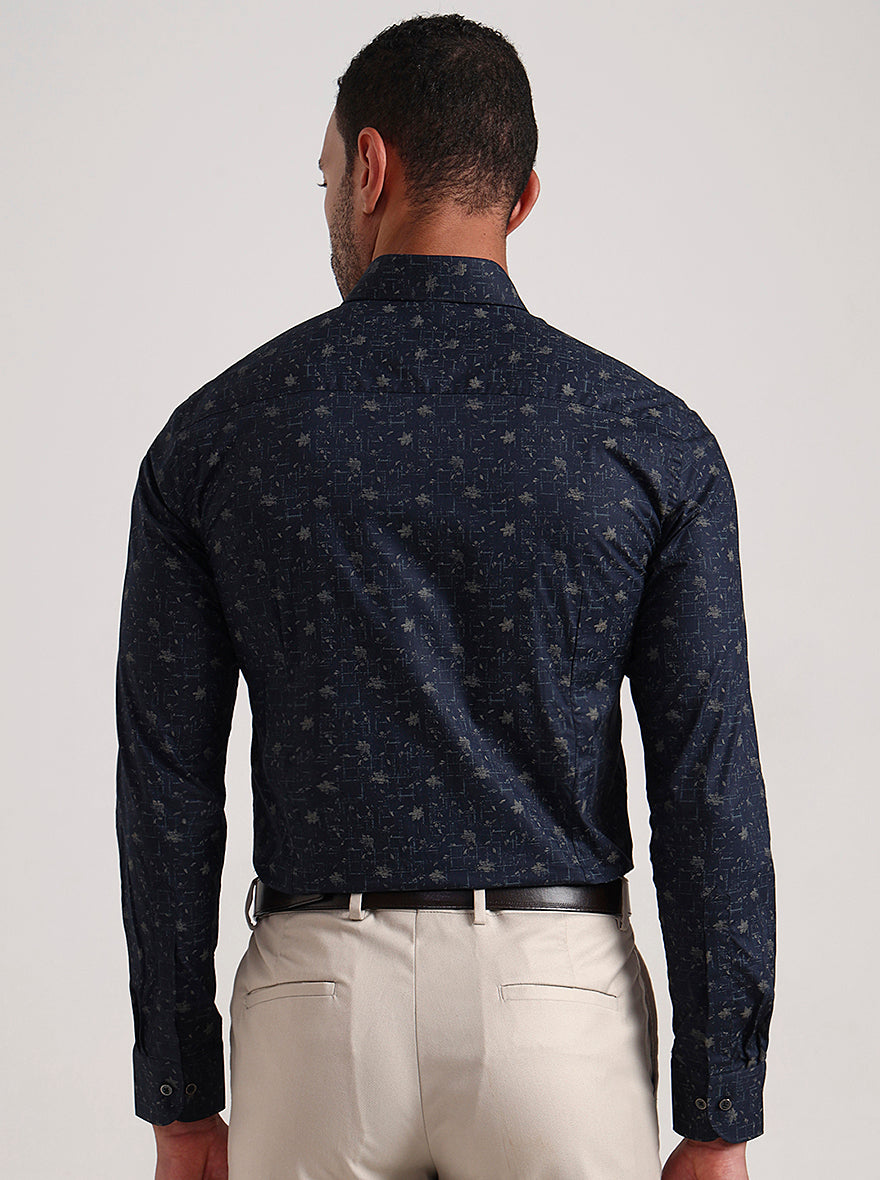 Navy Blue Printed Slim Fit Party Wear Shirt | Wyre
