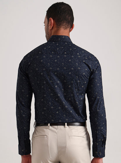 Navy Blue Printed Slim Fit Party Wear Shirt | Wyre