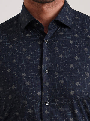 Navy Blue Printed Slim Fit Party Wear Shirt | Wyre
