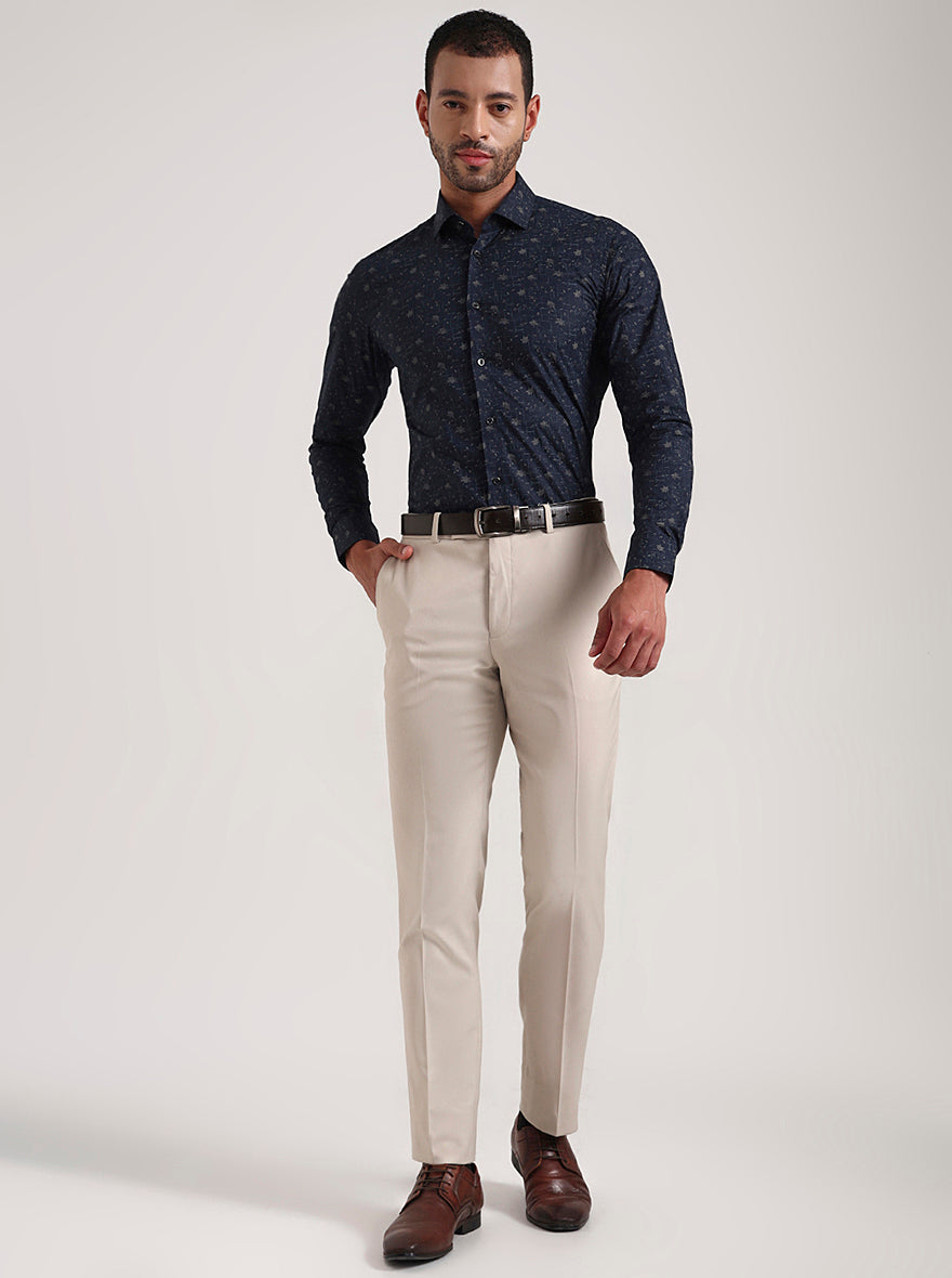 Navy Blue Printed Slim Fit Party Wear Shirt | Wyre