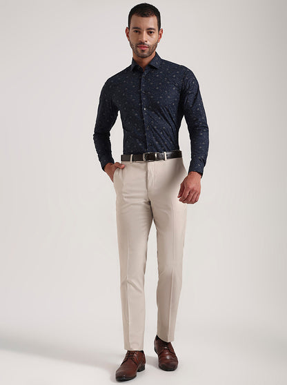 Navy Blue Printed Slim Fit Party Wear Shirt | Wyre