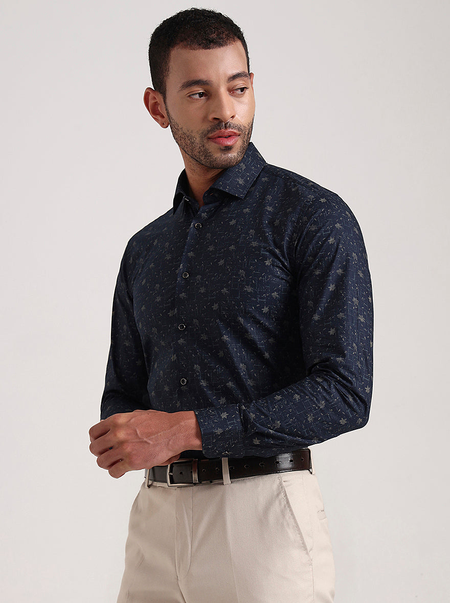 Navy Blue Printed Slim Fit Party Wear Shirt | Wyre