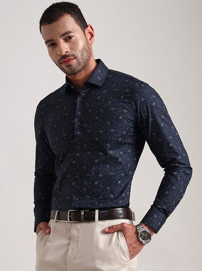 Navy Blue Printed Slim Fit Party Wear Shirt | Wyre