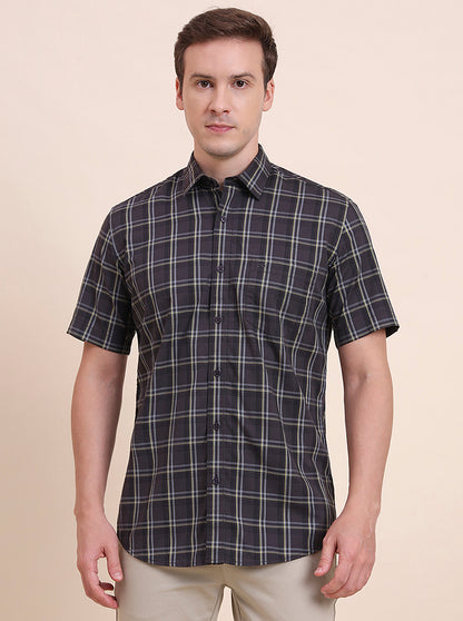 Dark Grey Checked Tailored Fit Semi Casual Shirt | JadeBlue