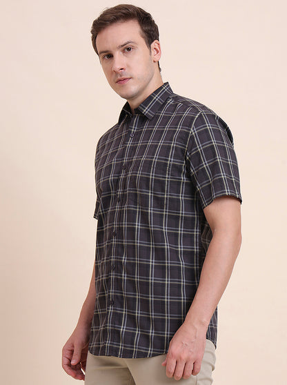 Dark Grey Checked Tailored Fit Semi Casual Shirt | JadeBlue
