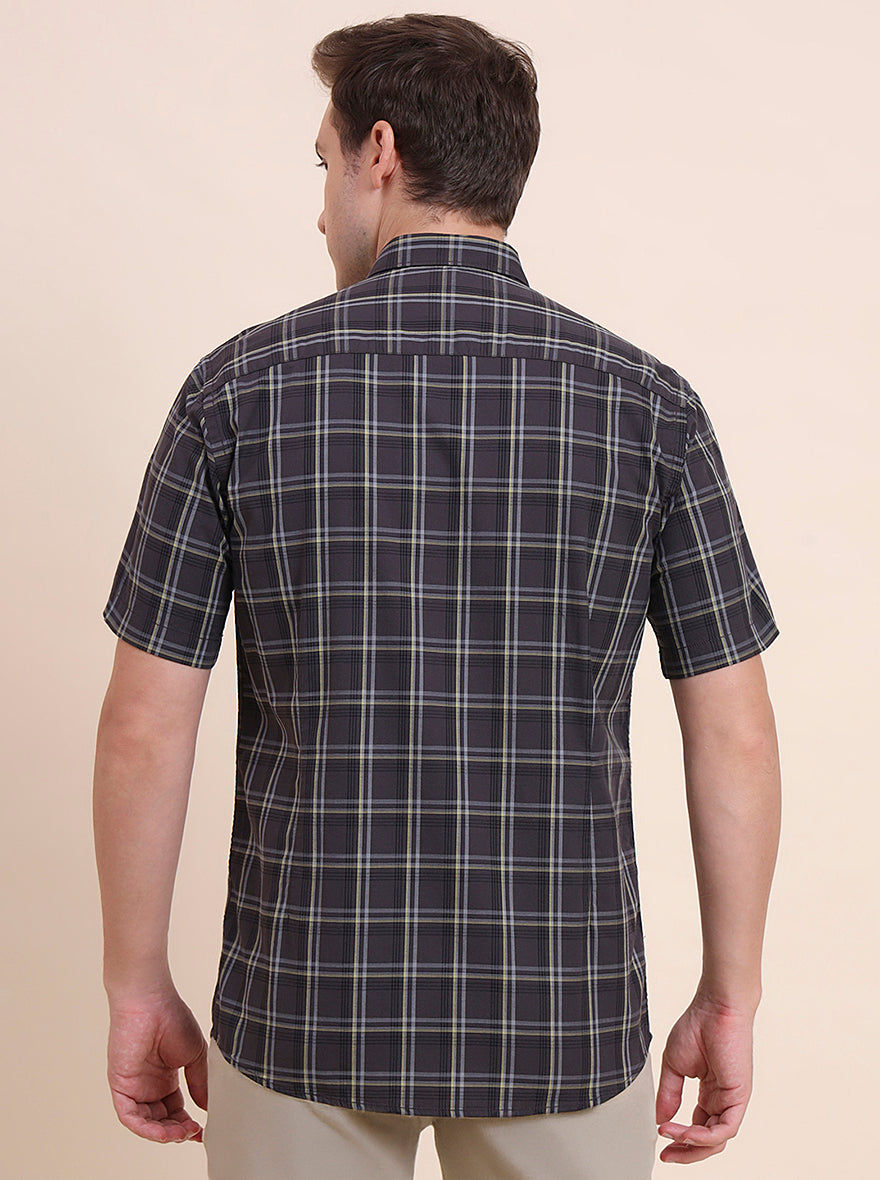 Dark Grey Checked Tailored Fit Semi Casual Shirt | JadeBlue