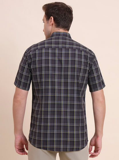 Dark Grey Checked Tailored Fit Semi Casual Shirt | JadeBlue