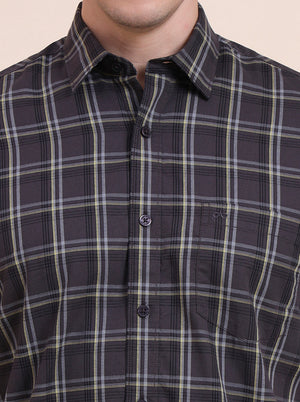 Dark Grey Checked Tailored Fit Semi Casual Shirt | JadeBlue