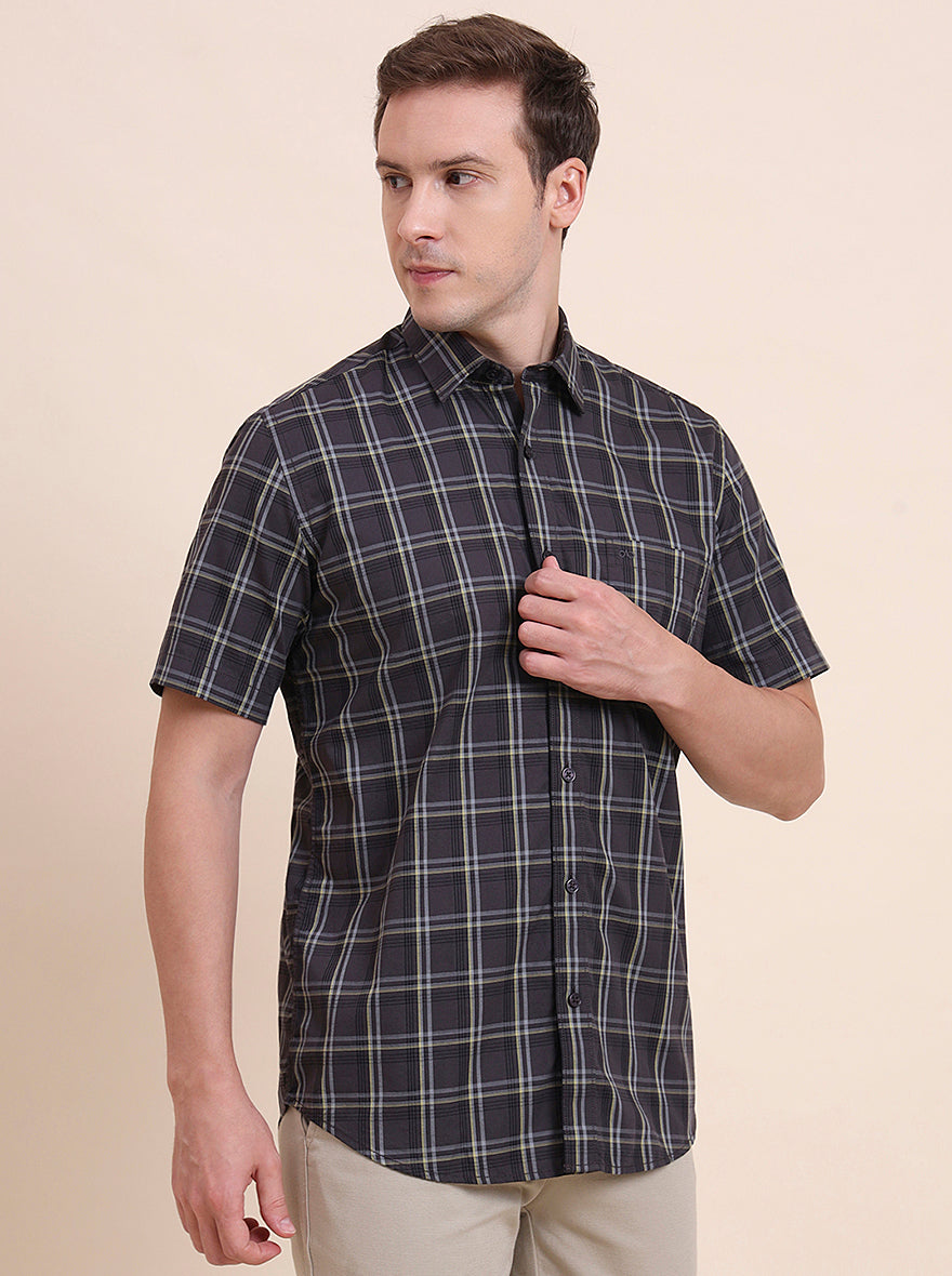 Dark Grey Checked Tailored Fit Semi Casual Shirt | JadeBlue